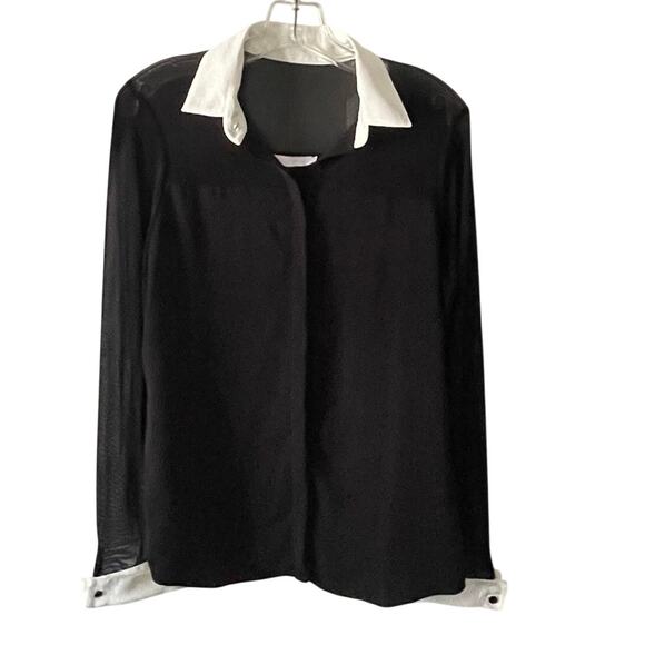 Anne Fontaine Sheryl Mesh Button Down Shirt Black White Size 6 EUC - Picture 3 of 9